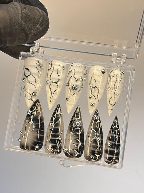 Black and White 3D Silver Metalic Art Long Stiletto Press On Goth Nails, Custom Handmade Gothic Fake Nails, Y2K Nails