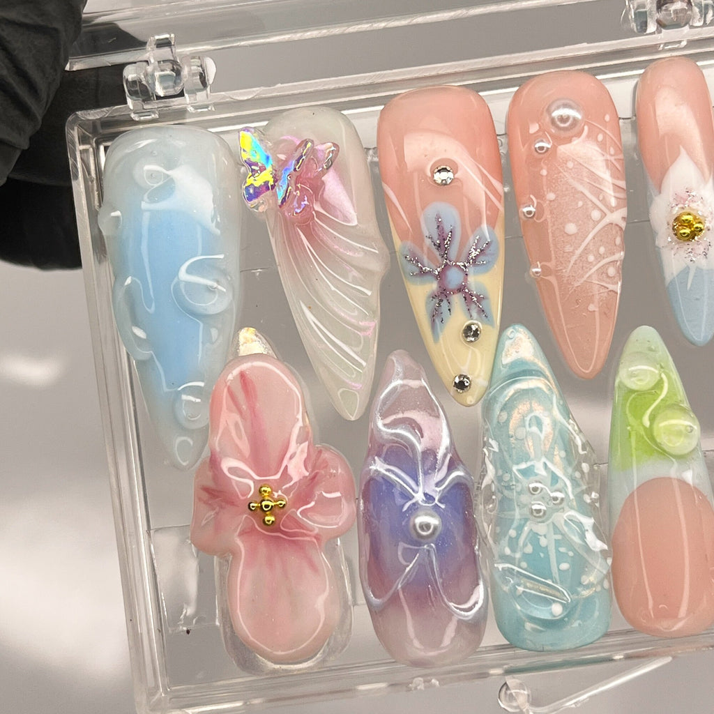 3D Dry Orchard Flower Long Almond Press On Nail, Custom Handpainted Acrylic Spring Fake/False Nail, Floral Nails