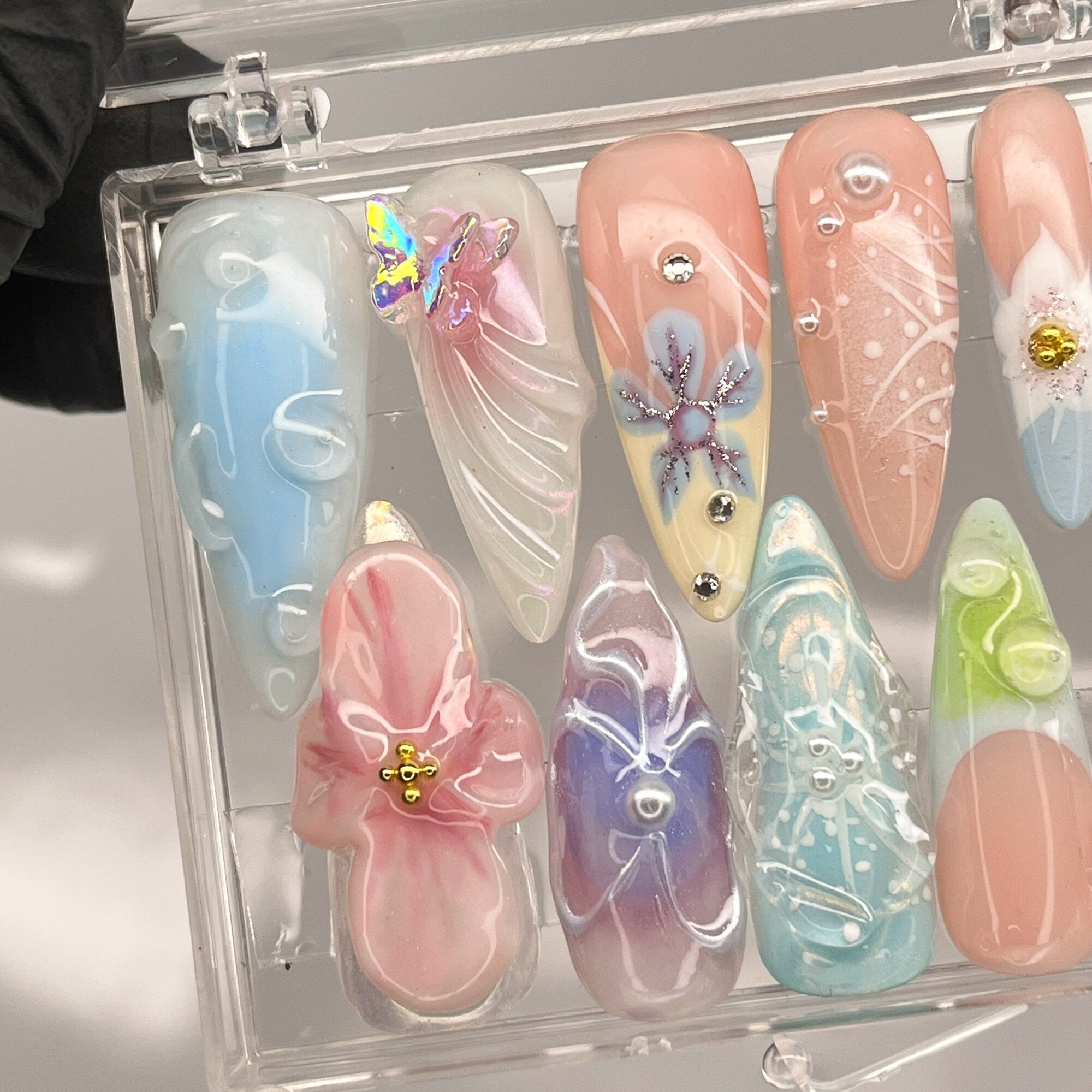 3D Dry Orchard Flower Long Almond Press On Nail, Custom Handpainted Acrylic Spring Fake/False Nail, Floral Nails
