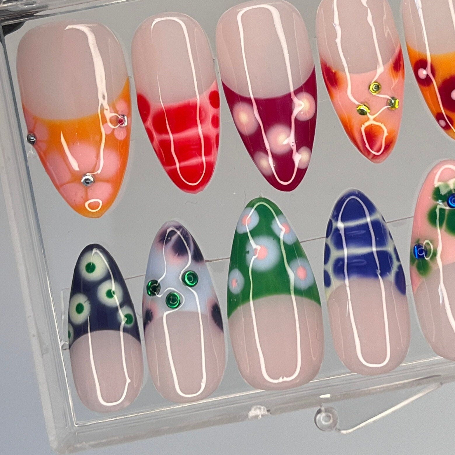 Free Style Colouful French Tip Coffin Press On Nails, Custom Unique Design Fake Nails, Proom Birthday Party Nails