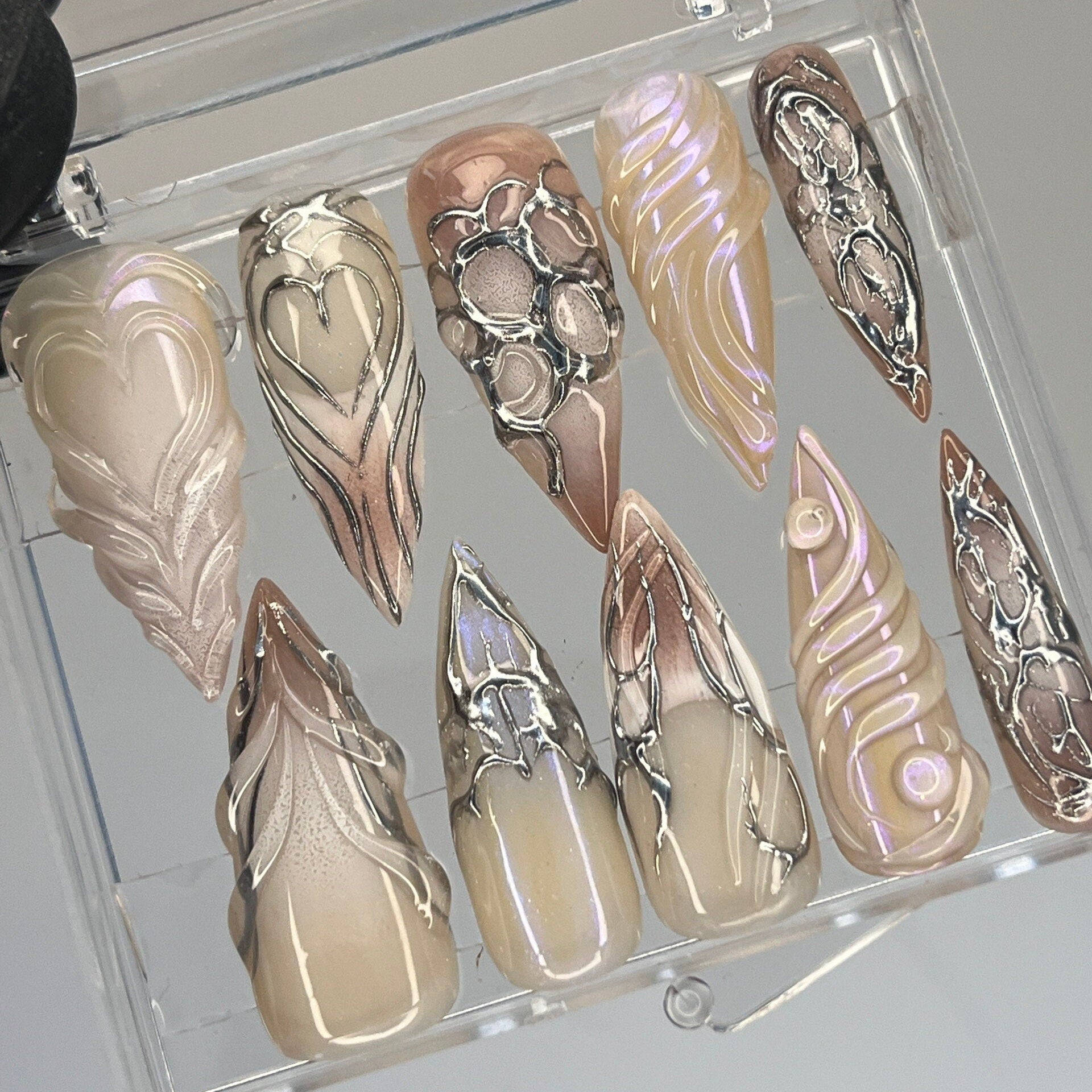 Handpainted Chrome Metallic Gothic Extra Long Stiletto Press On Nails - Y2K Emo and Goth Style Custom False Nails