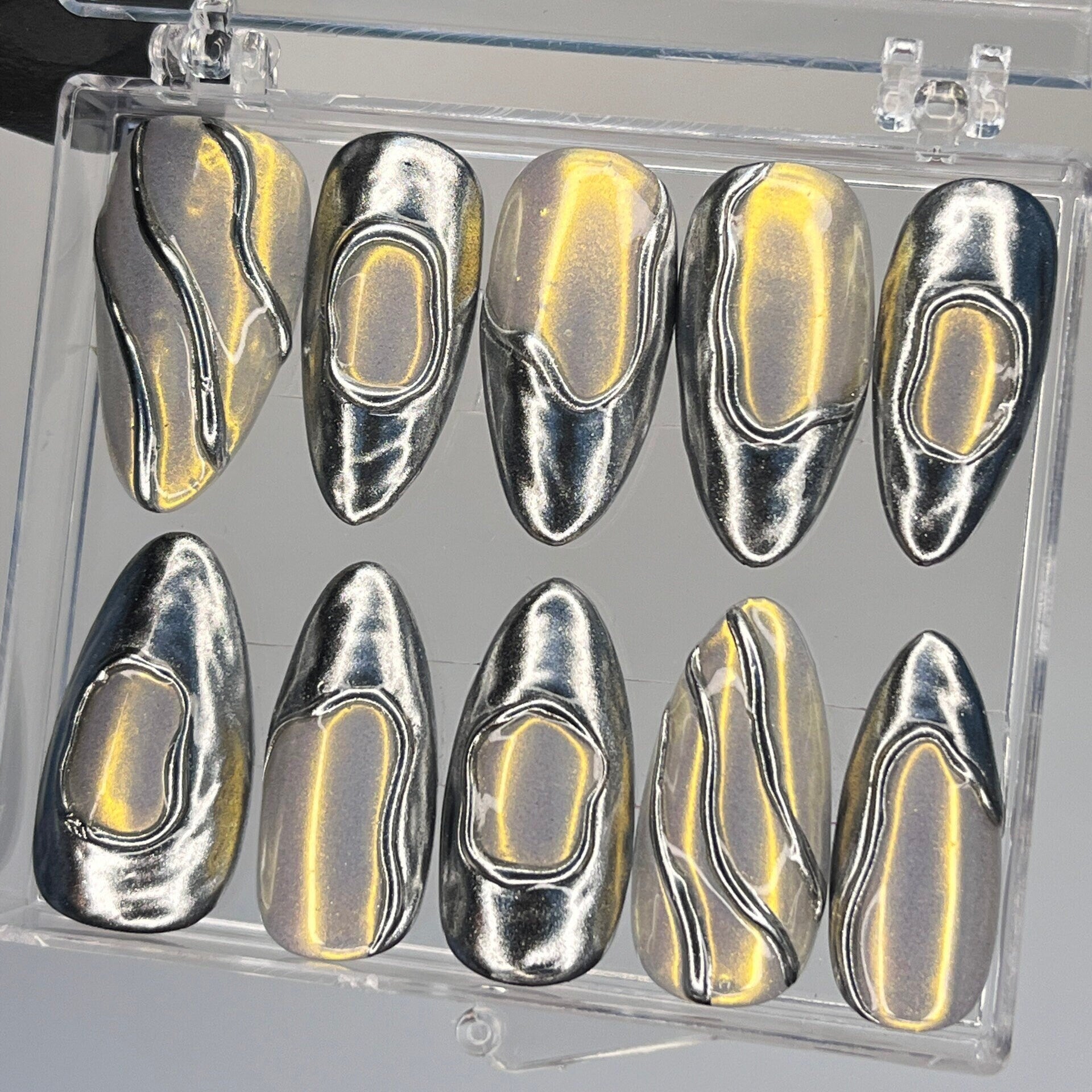 3D Chrome Metallic Blue Silver on Clear Medium Almond Press on Nail Goth , Custom Luxury Handpained Gothic Fake/False Nail