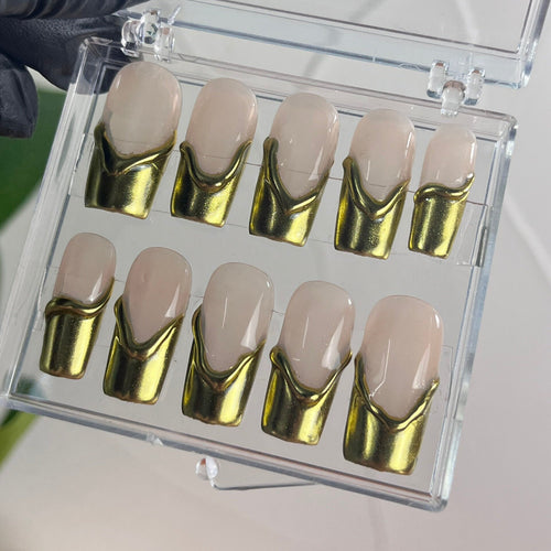3D Gold Water Drops Long Coffin Press on Nail Goth, Custom Luxury Handpained Gothic Fake Nails, Emo Y2K for Holiday Event Party