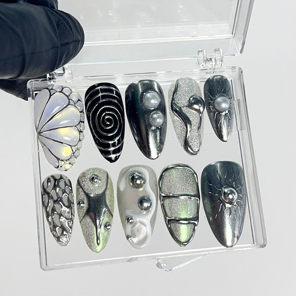 Hand-Painted Free-Style Silver Metallic Crystal Long Stiletto Press On Nails - Custom Chrome Fake Nails