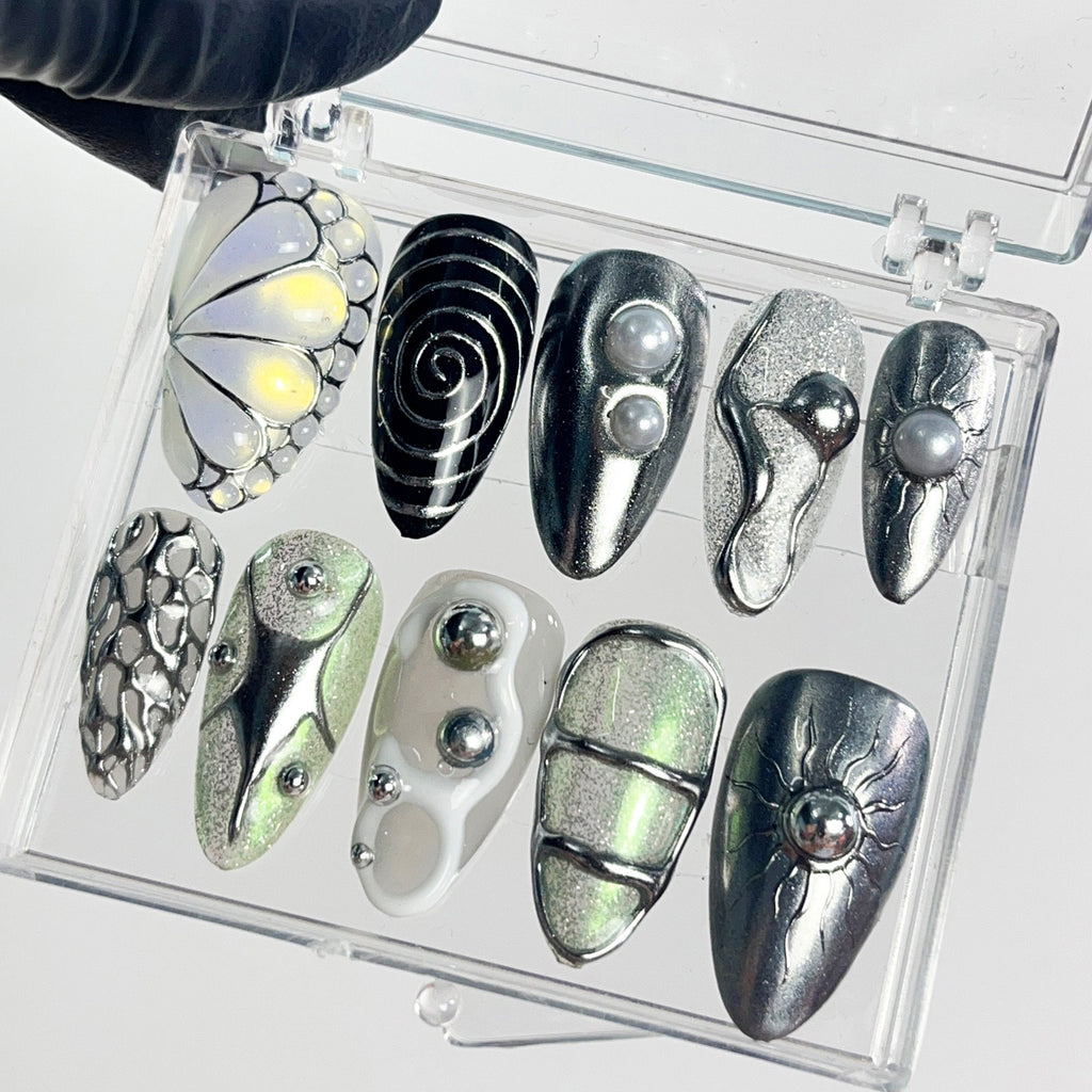 Hand-Painted Free-Style Silver Metallic Crystal Long Stiletto Press On Nails - Custom Chrome Fake Nails