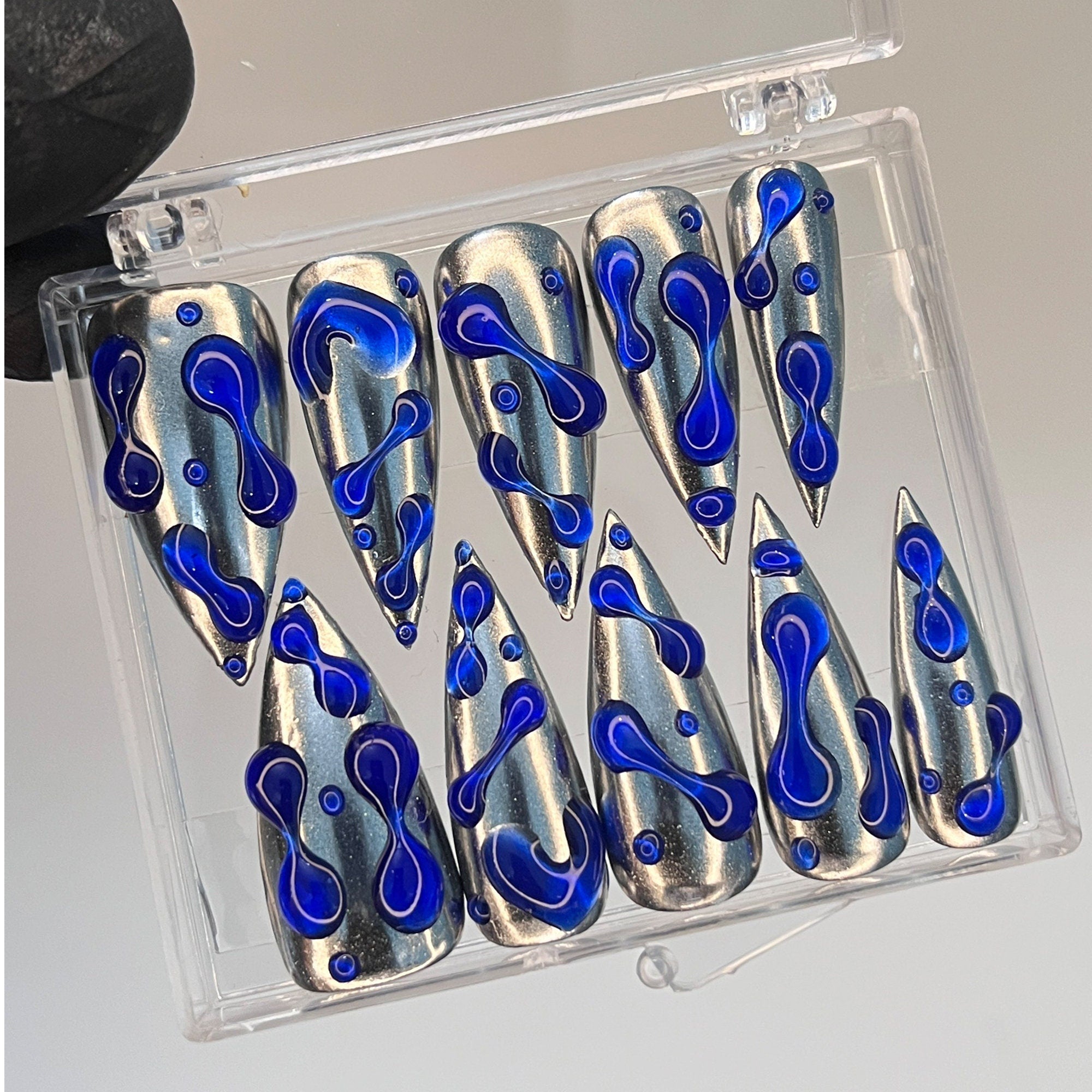 3D Blue Gel Drops in Metallic Silver Long Stiletto Press on Nail , Custom Luxury Handpainted Acrylic Gothic Fake Nails, Emo Y2K