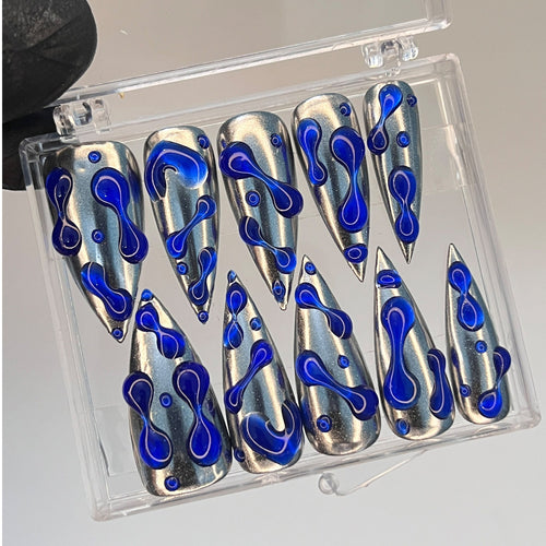 3D Blue Gel Drops in Metallic Silver Long Stiletto Press on Nail , Custom Luxury Handpainted Acrylic Gothic Fake Nails, Emo Y2K