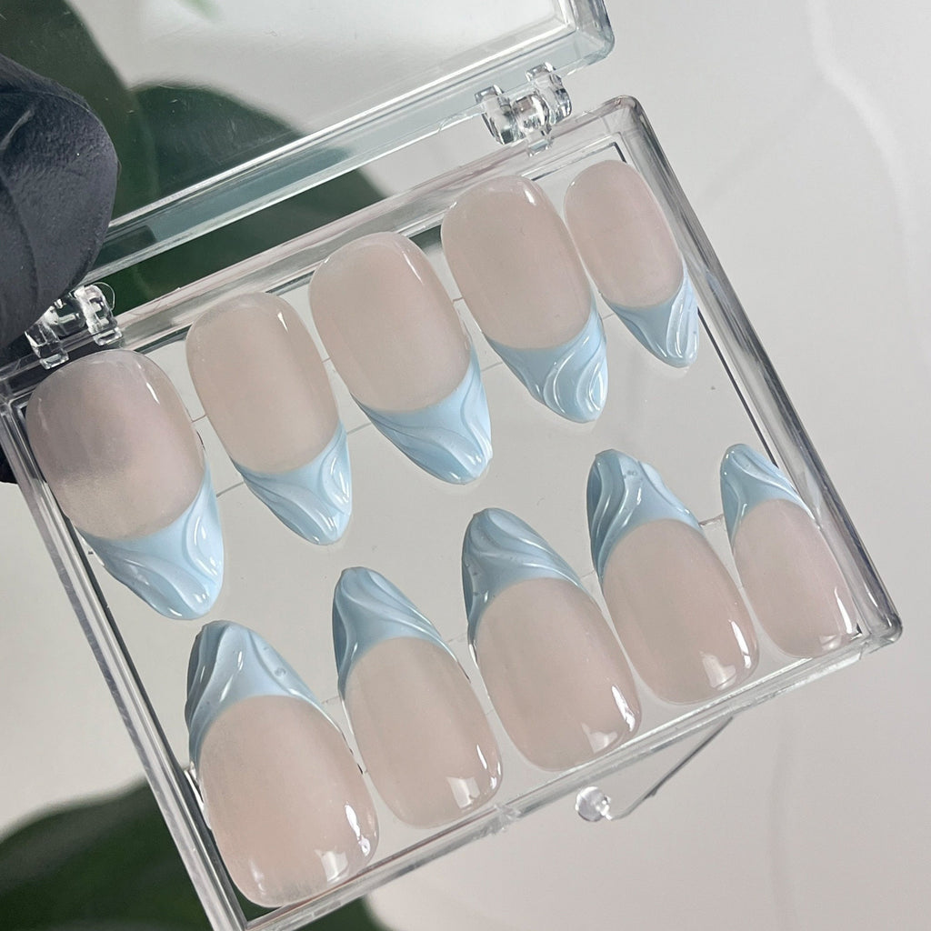 Blue French Tip on Nude Almond Press On Nails, Custom Short Fake Nails, Elegant Nails for Birthday Party
