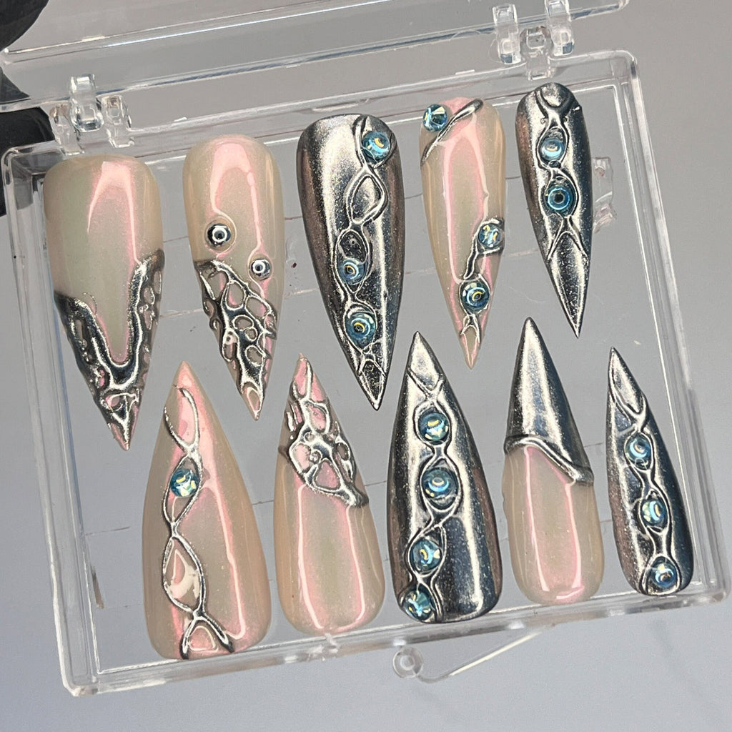 3D Chrome Metallic Silver on Clear Medium Stiletto Press on Nail Goth , Custom Luxury Handpained Gothic Fake/False Stiletto Nail