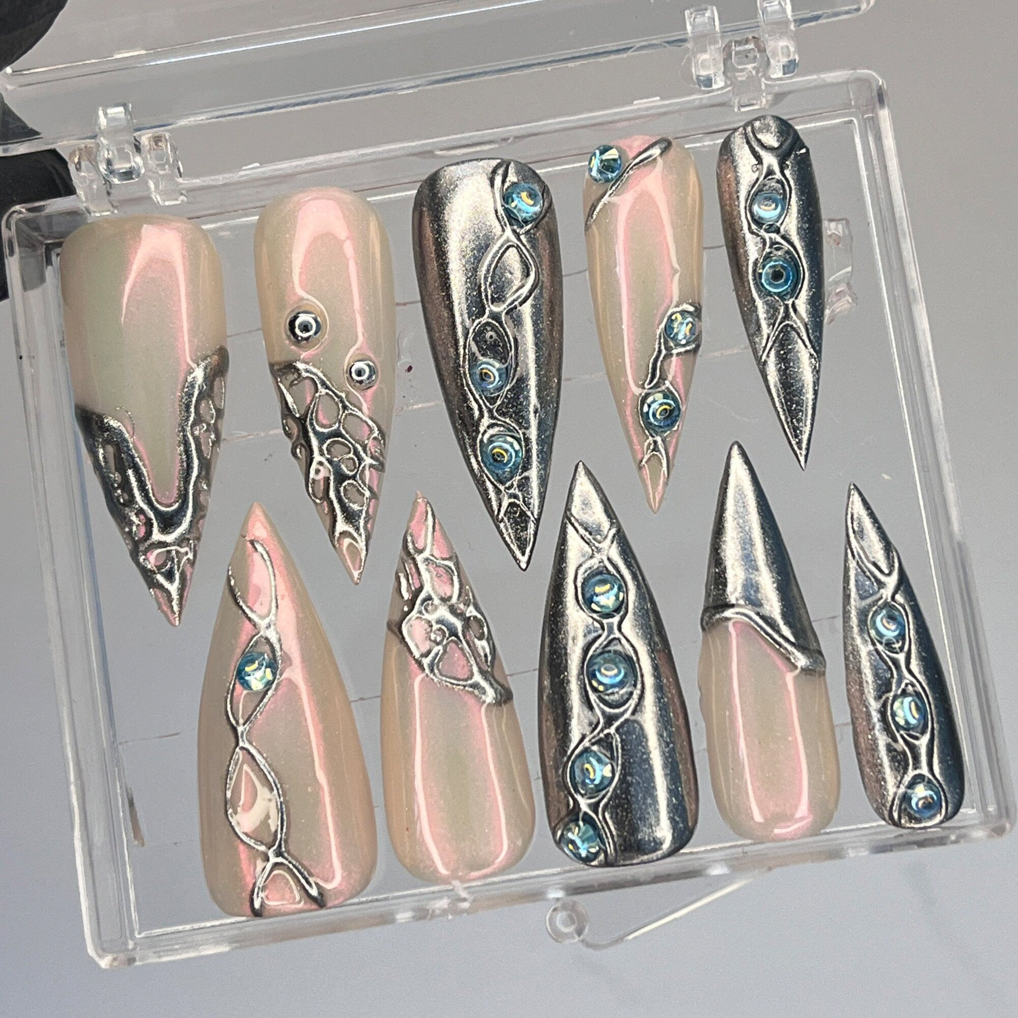 3D Chrome Metallic Silver on Clear Medium Stiletto Press on Nail Goth , Custom Luxury Handpained Gothic Fake/False Stiletto Nail