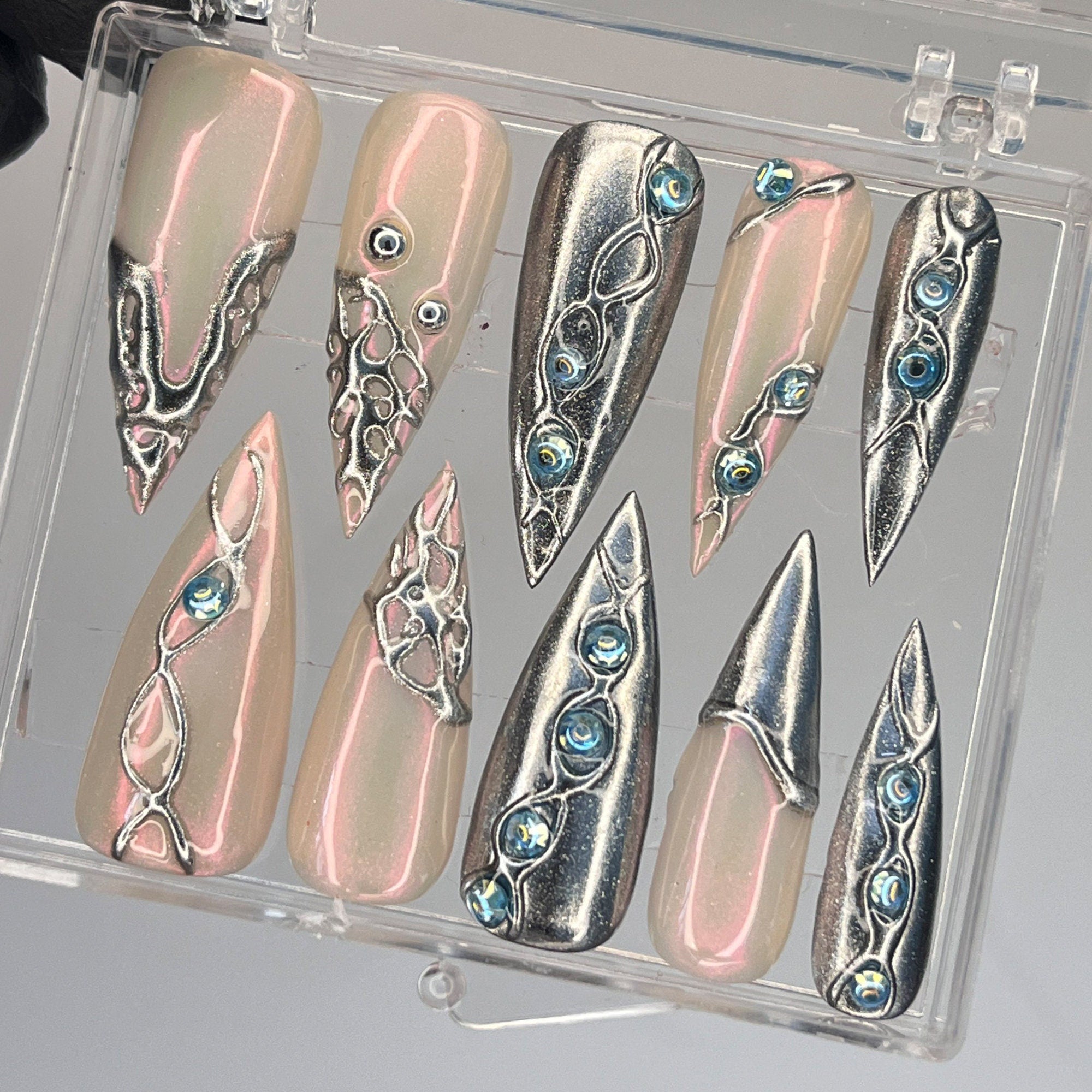 3D Chrome Metallic Silver on Clear Medium Stiletto Press on Nail Goth , Custom Luxury Handpained Gothic Fake/False Stiletto Nail