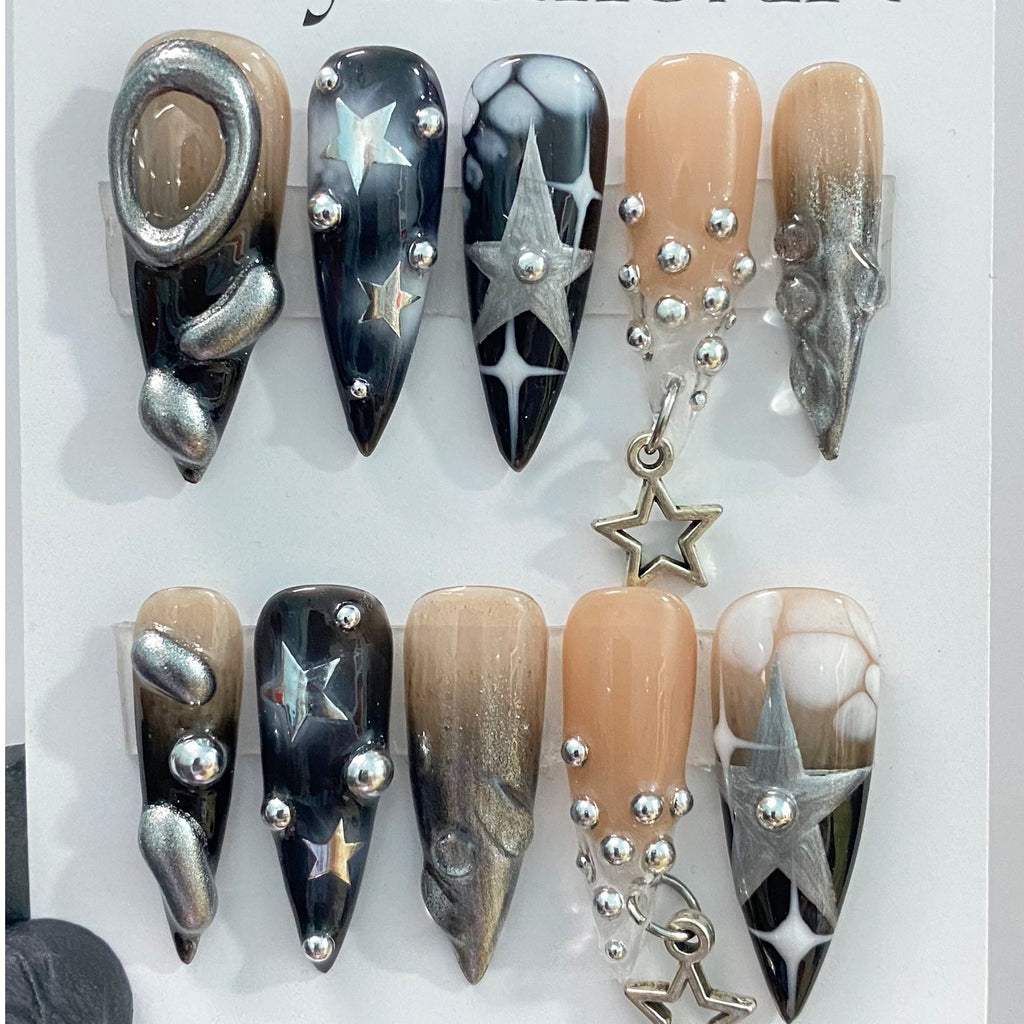 3D Metallic Silver on Black Long Stiletto Press On Nails Goth , Silver Stars Gothic Fake Nails, Emo Y2K Nails