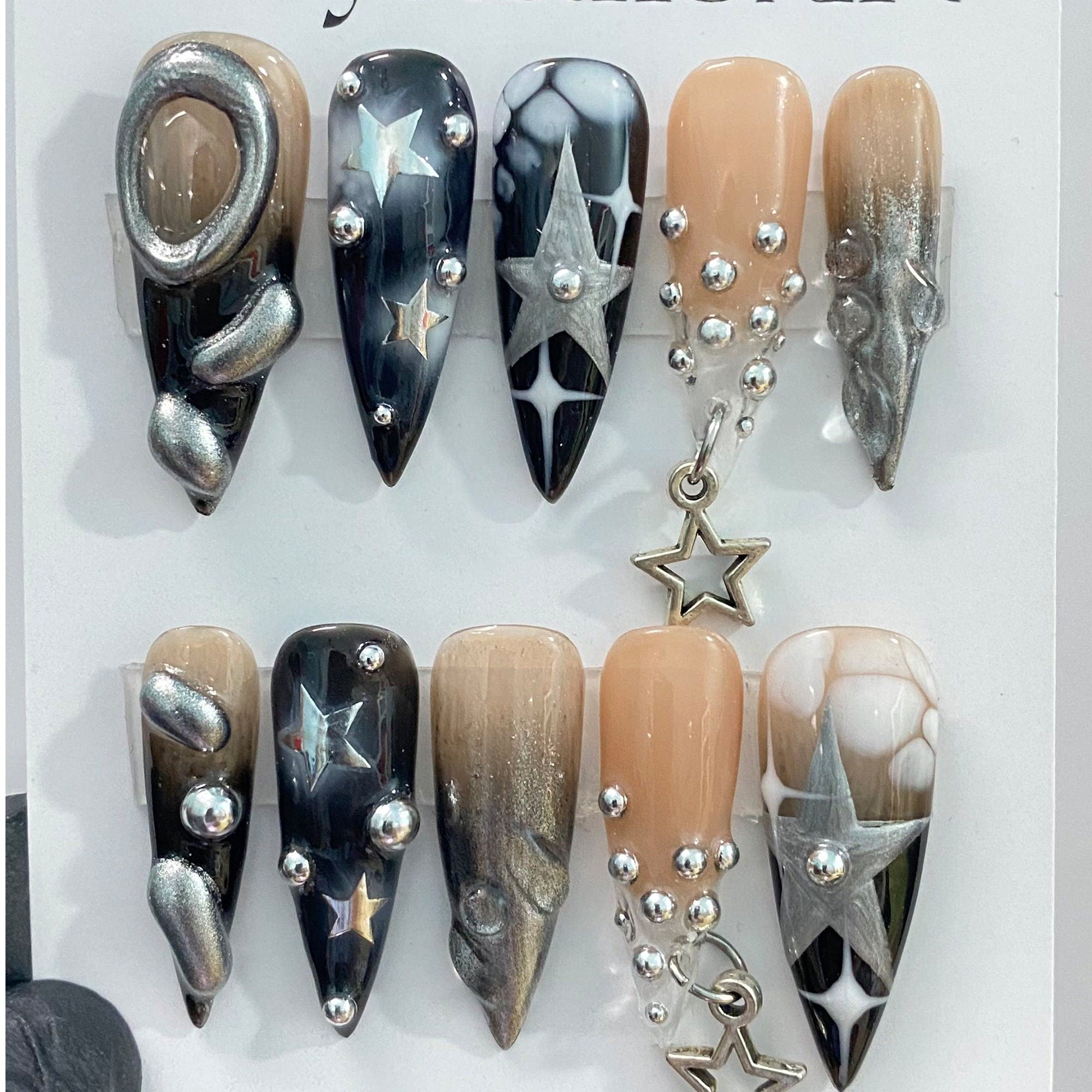 3D Metallic Silver on Black Long Stiletto Press On Nails Goth , Silver Stars Gothic Fake Nails, Emo Y2K Nails