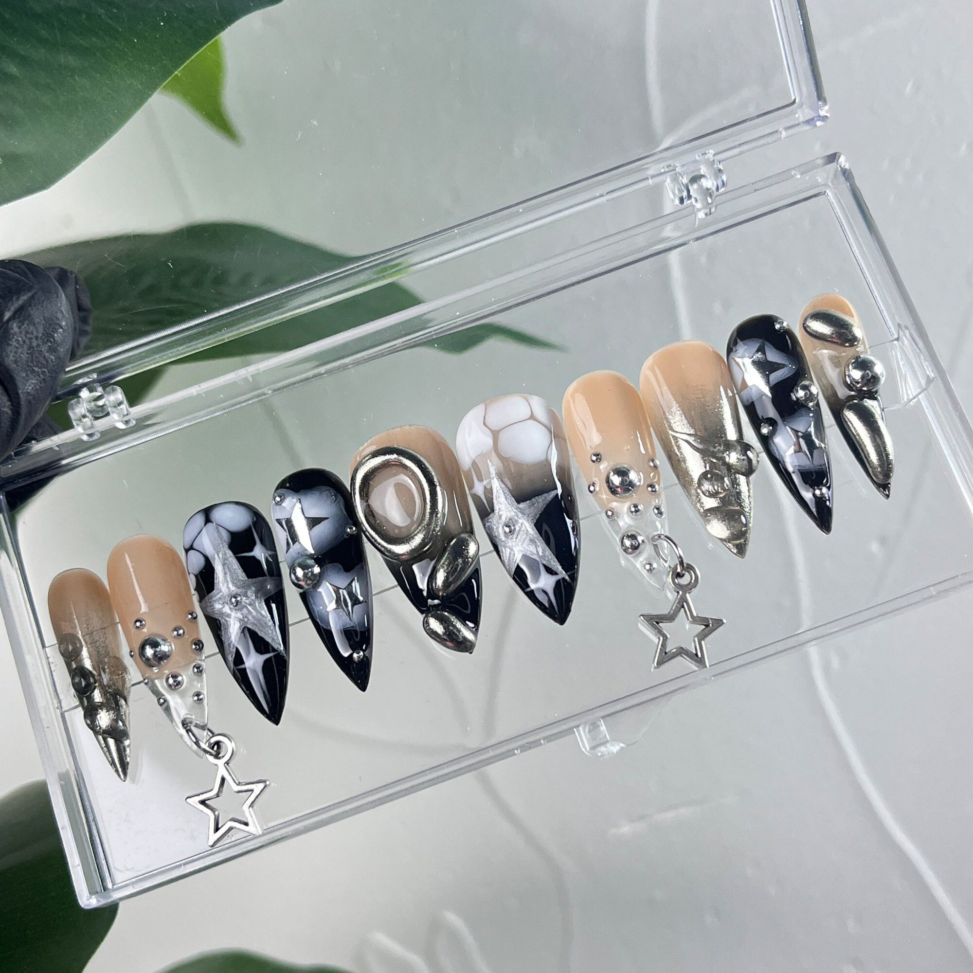 3D Metallic Silver on Black Long Stiletto Press On Nails Goth , Silver Stars Gothic Fake Nails, Emo Y2K Nails
