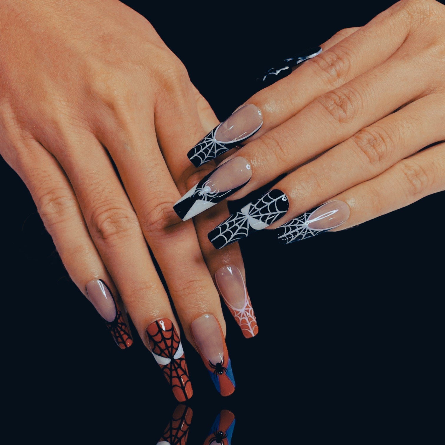 Black & Red Spider Web Long Coffin Halloween Press on Nails, Custom Fake Scary Night Nails, False Nails, DIY Nails