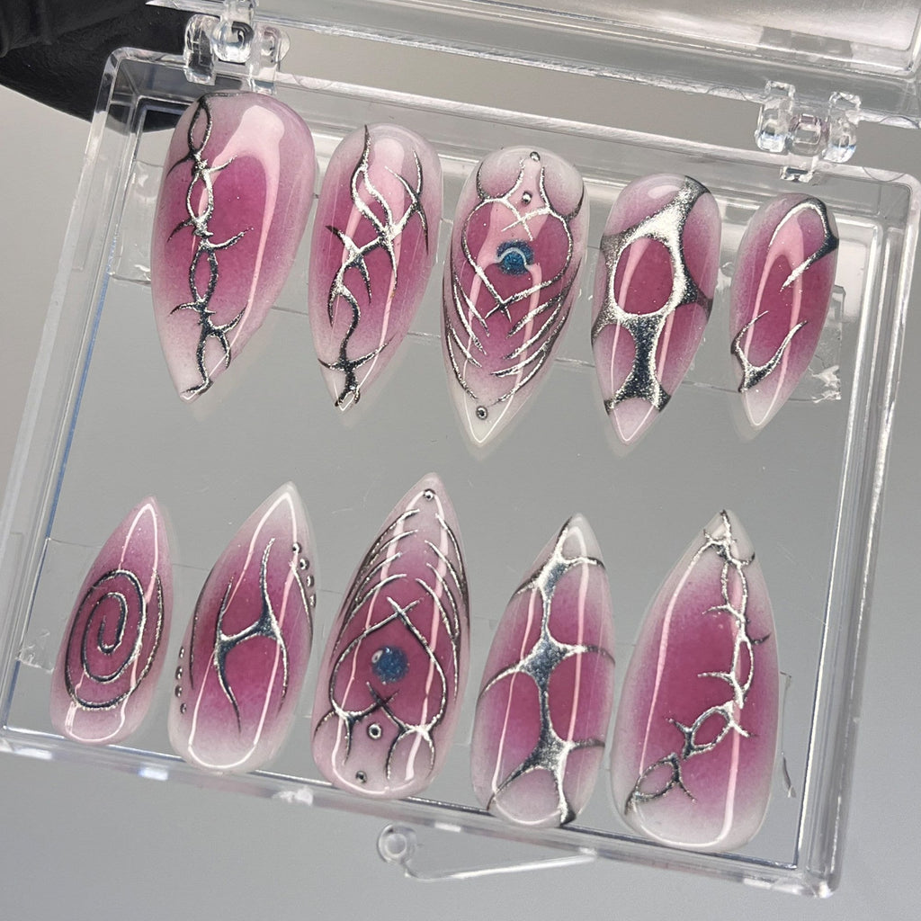 Elegant Aura Pink Medium Long Stiletto Press On Nails with Metallic Silver - Chrome Nails for Birthday Parties Holiday