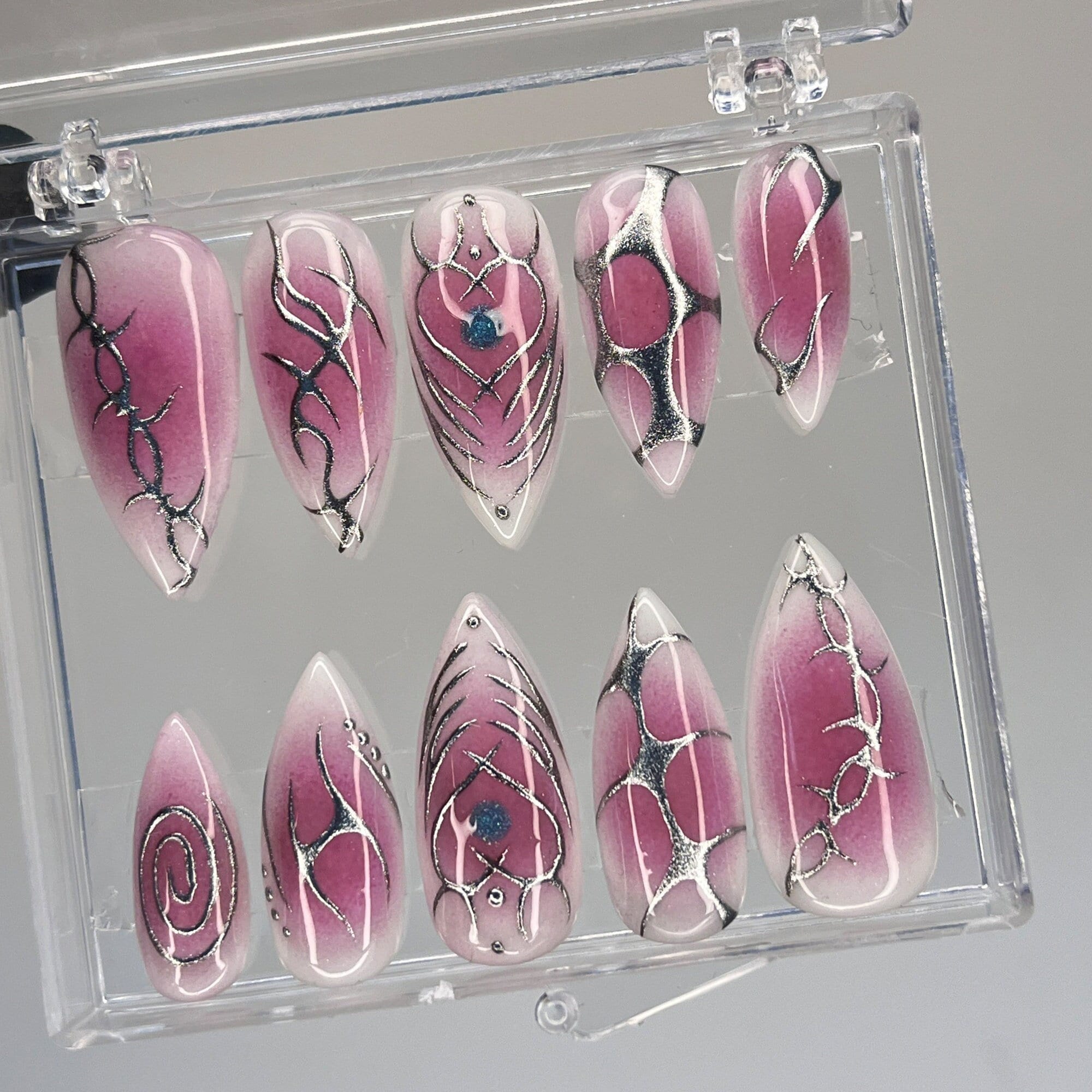 Elegant Aura Pink Medium Long Stiletto Press On Nails with Metallic Silver - Chrome Nails for Birthday Parties Holiday