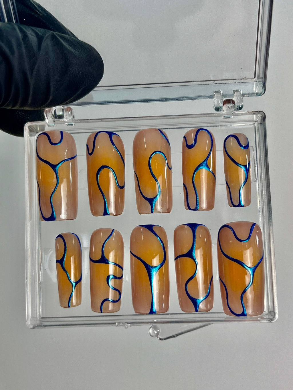Blue Chrome on Orange Long Stiletto Press On Nails, Handmade Luxury Nails, Elegance Metallic Nails for Event Birthday Photograph