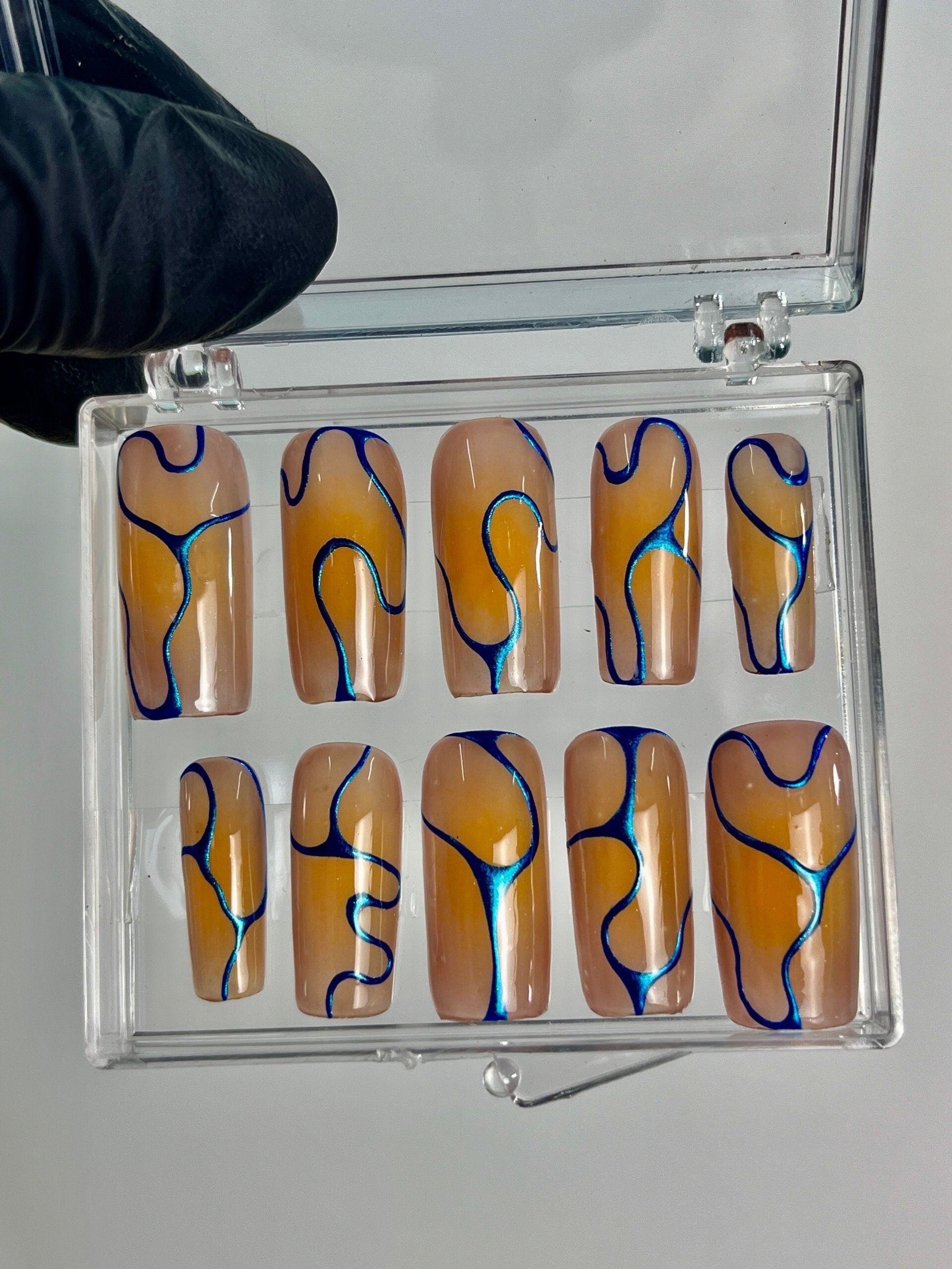 Blue Chrome on Orange Long Stiletto Press On Nails, Handmade Luxury Nails, Elegance Metallic Nails for Event Birthday Photograph
