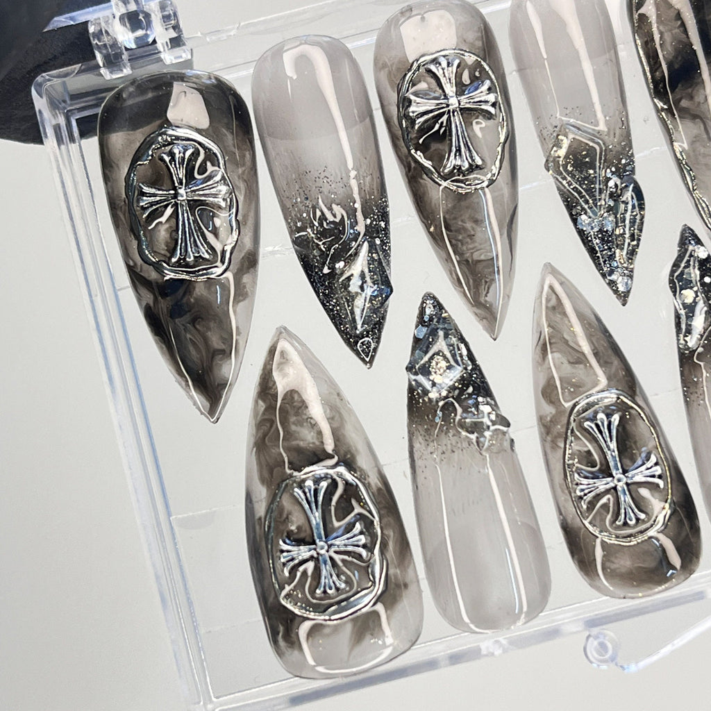 3D Metallic Chrome Silver Cross on Clear Black Luxury Stiletto Press On Nails, Custom Handpainted Gothic Fake Nails, Y2K Nails