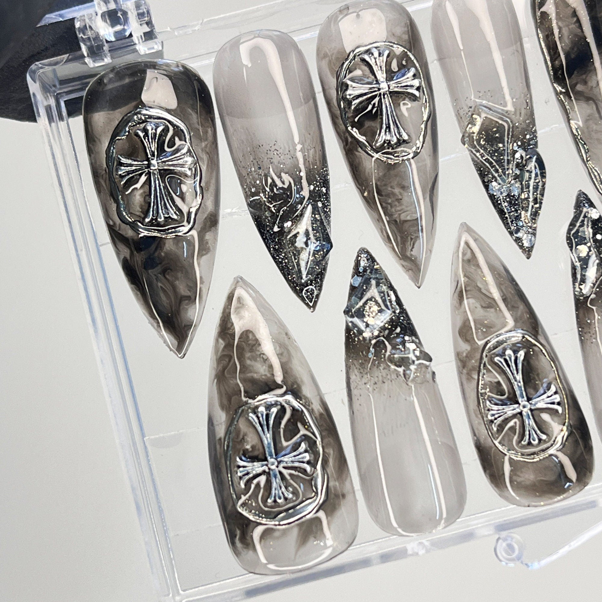 3D Metallic Chrome Silver Cross on Clear Black Luxury Stiletto Press On Nails, Custom Handpainted Gothic Fake Nails, Y2K Nails