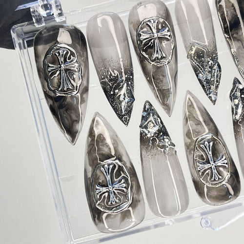 3D Metallic Chrome Silver Cross on Clear Black Luxury Stiletto Press On Nails, Custom Handpainted Gothic Fake Nails, Y2K Nails