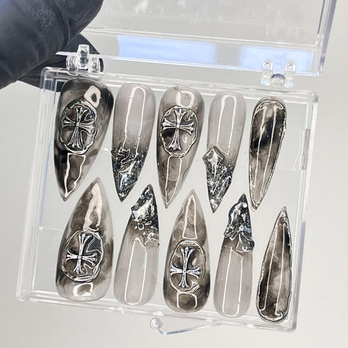 3D Metallic Chrome Silver Cross on Clear Black Luxury Stiletto Press On Nails, Custom Handpainted Gothic Fake Nails, Y2K Nails