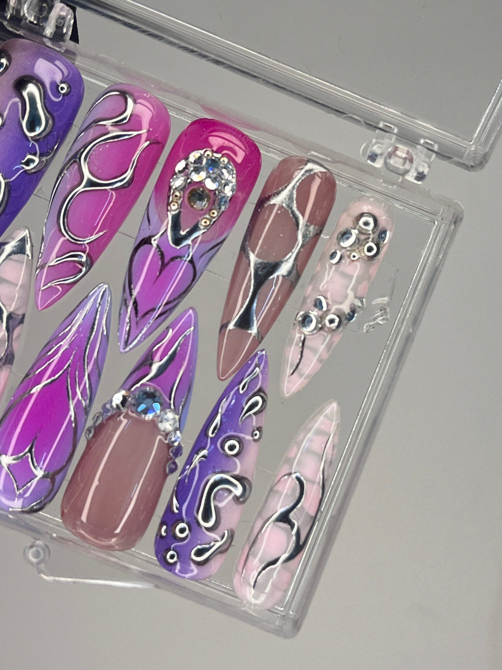3D Metallic Silver on Purple Long Stiletto Press On Nails Goth, Chrome Aura Gothic Fake Nails, Emo Y2K Grunge Nails
