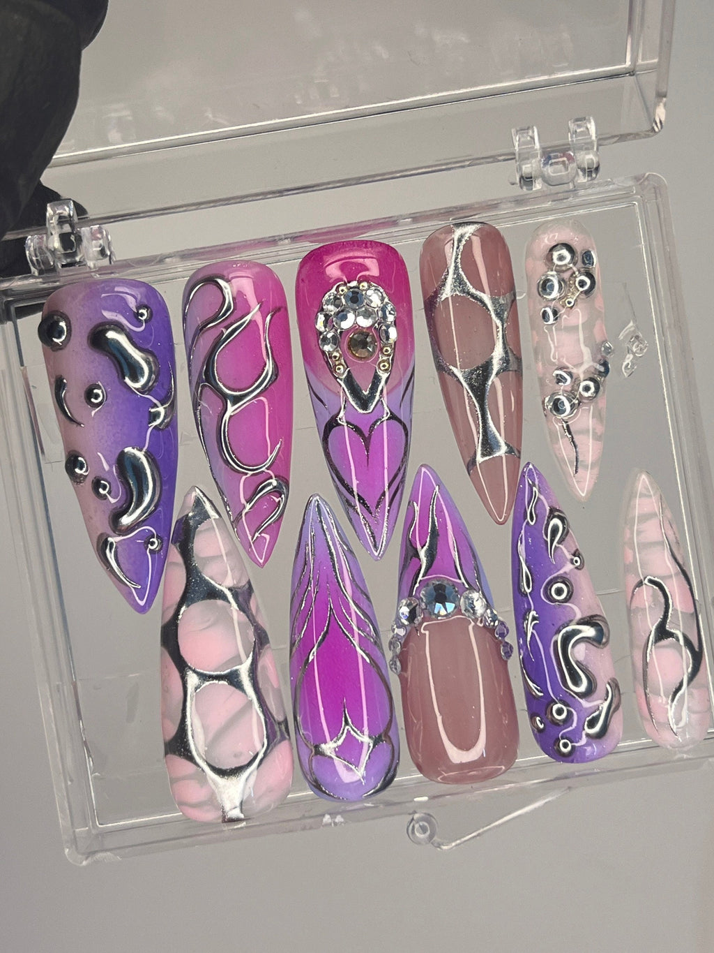 3D Metallic Silver on Purple Long Stiletto Press On Nails Goth, Chrome Aura Gothic Fake Nails, Emo Y2K Grunge Nails