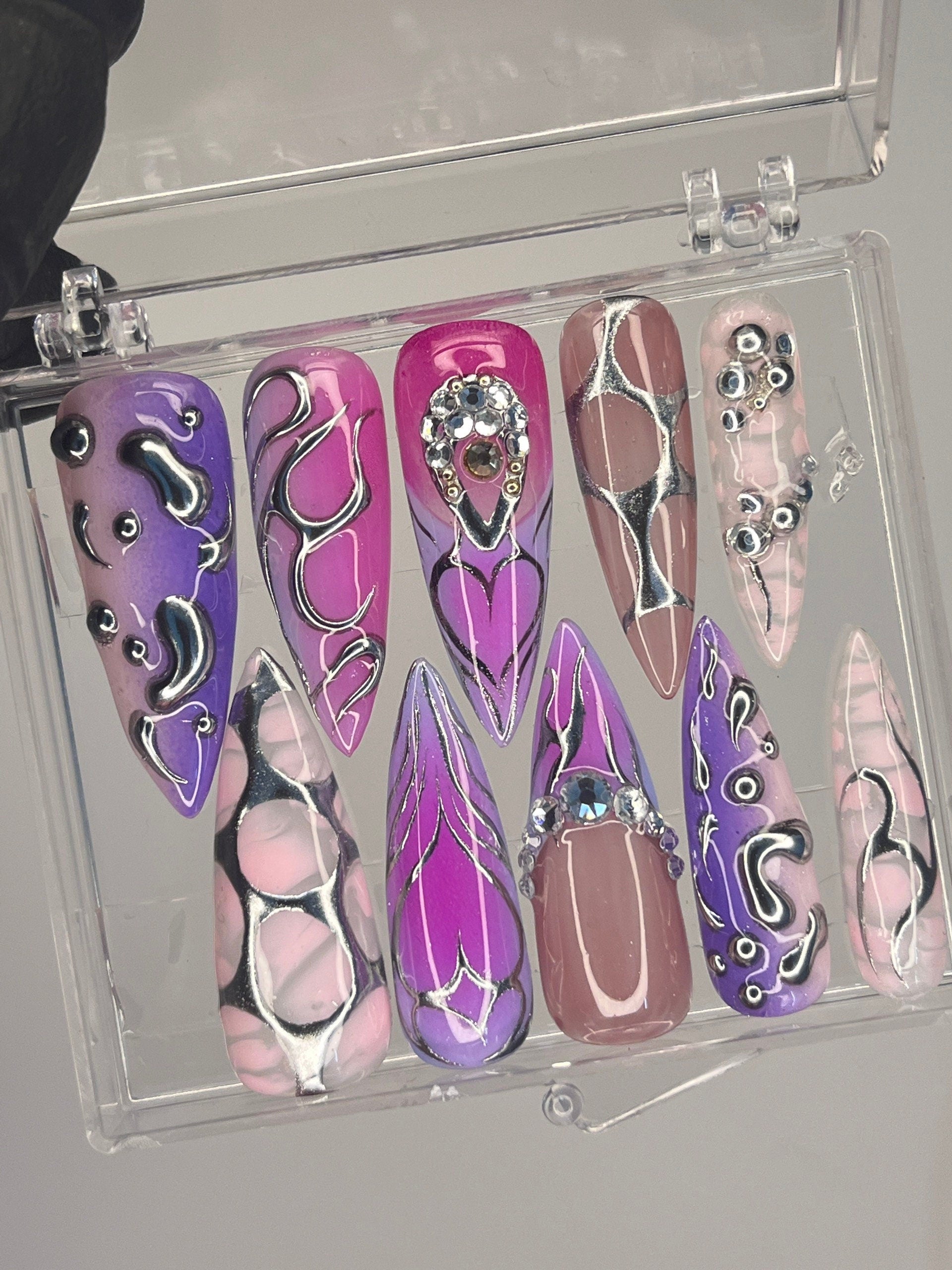 3D Metallic Silver on Purple Long Stiletto Press On Nails Goth, Chrome Aura Gothic Fake Nails, Emo Y2K Grunge Nails