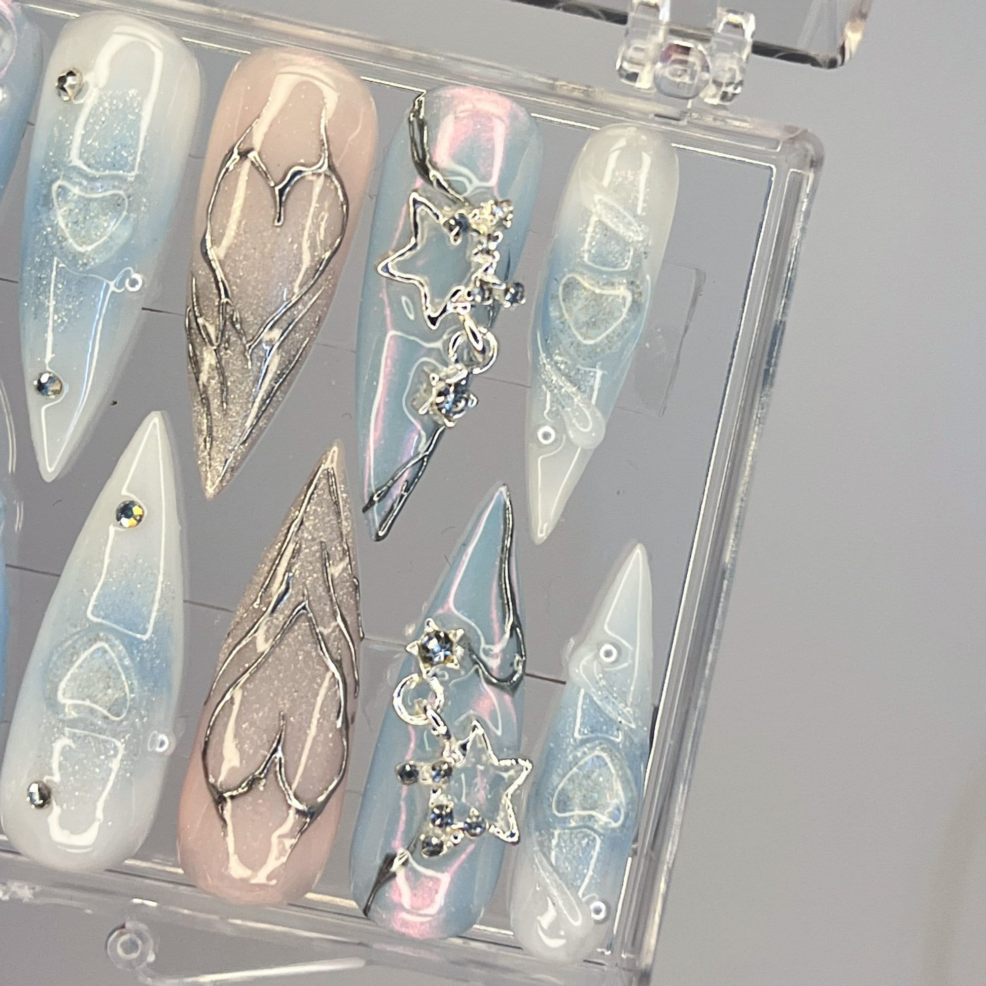 Free Style Mermaid 3D Gel Blue Almond Press On Nails, Handpainted Fake/False Nail, Event/Birthday/Prom/Holiday Nails Art