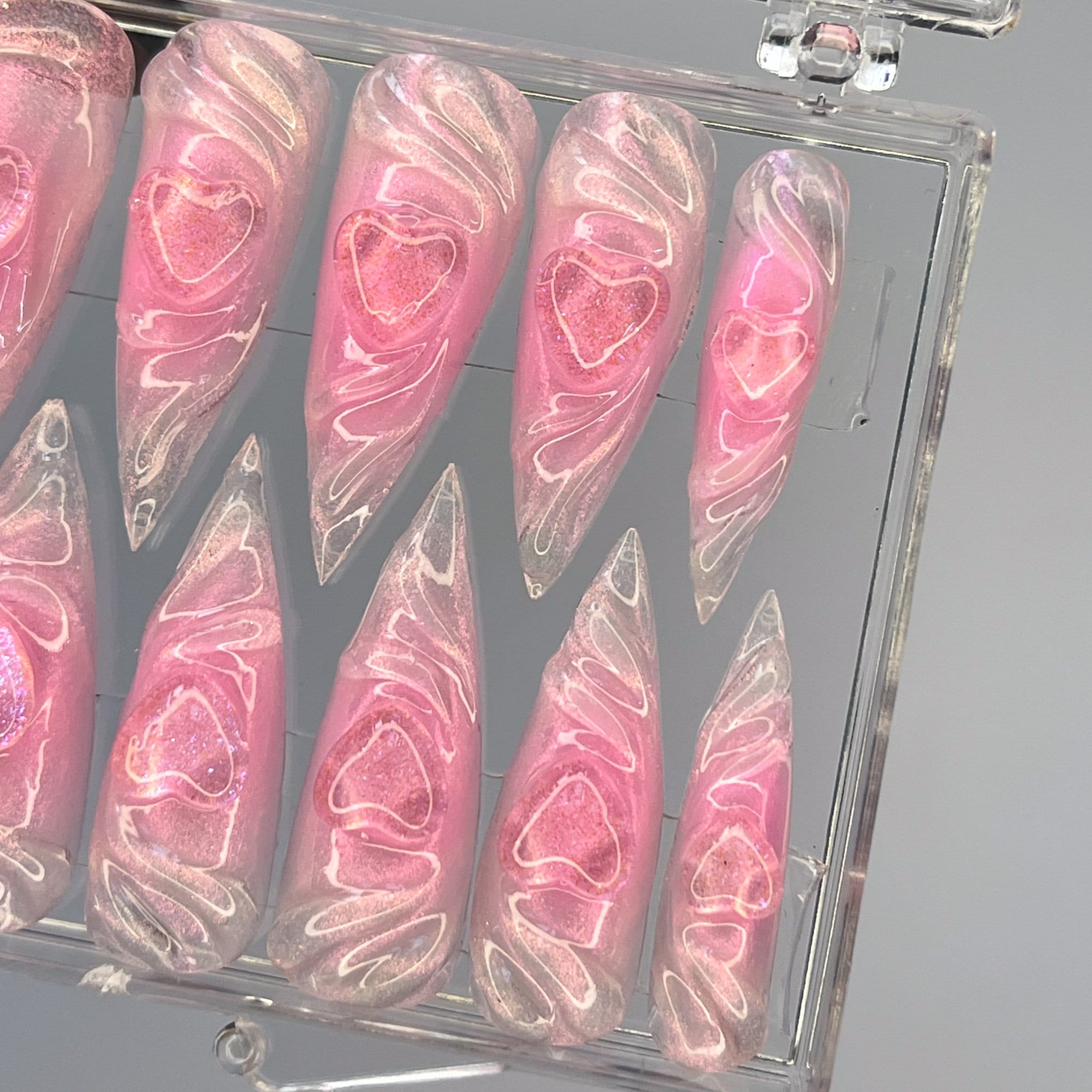 Pink Heart Theme 3D Gel Long Stiletto Press On Nail, Handmade Custom Fairy Core Nail, Kawaii Nails for Event Birthday, Perfect Gift for Her