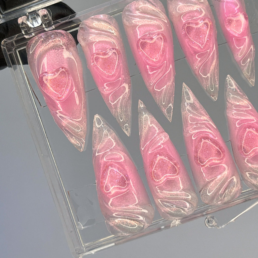 Pink Heart Theme 3D Gel Long Stiletto Press On Nail, Handmade Custom Fairy Core Nail, Kawaii Nails for Event Birthday, Perfect Gift for Her