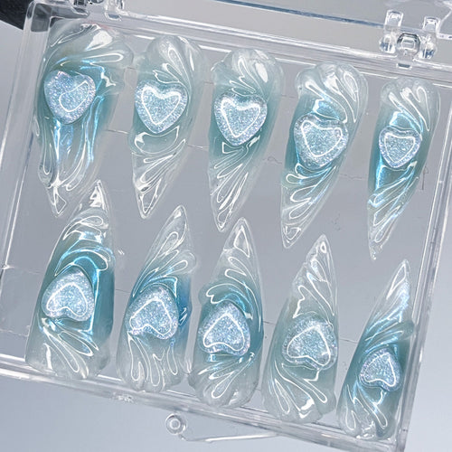 Blue Heart Theme 3D Gel Long Stiletto Press On Nails, Handmade Custom Fairy Core Nail, Kawaii Nails for Event Birthday, Perfect Gift for Her