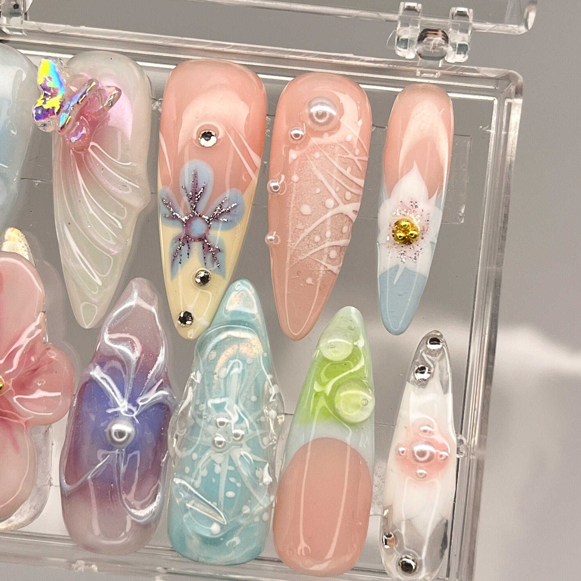 3D Dry Orchard Flower Long Almond Press On Nail, Custom Handpainted Acrylic Spring Fake/False Nail, Floral Nails