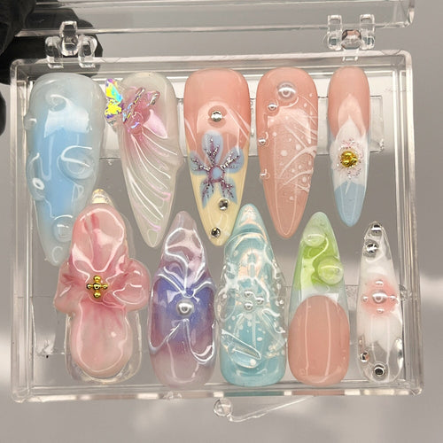 3D Dry Orchard Flower Long Almond Press On Nail, Custom Handpainted Acrylic Spring Fake/False Nail, Floral Nails