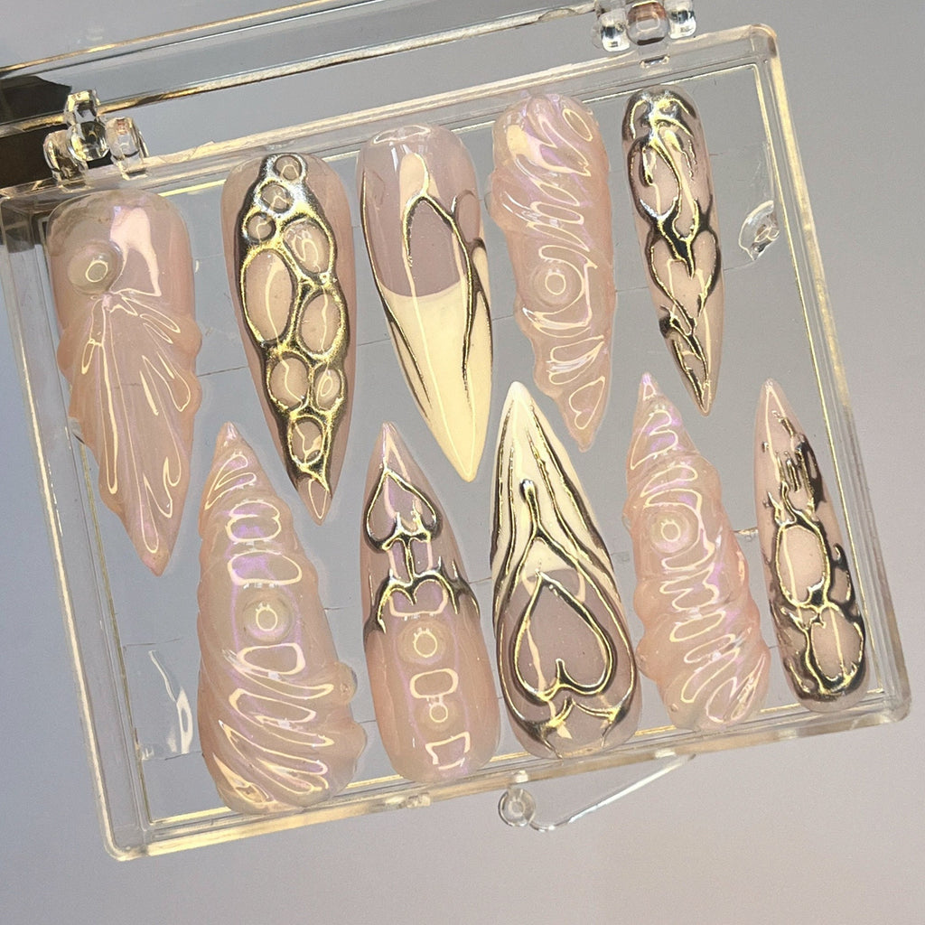 Free Style Silver 3D Gel Almond Press On Nails, Handpainted Fake/False Nails, Prom/Event/Birthday Nails, Goth/Gothic/Y2K/Aura Nail