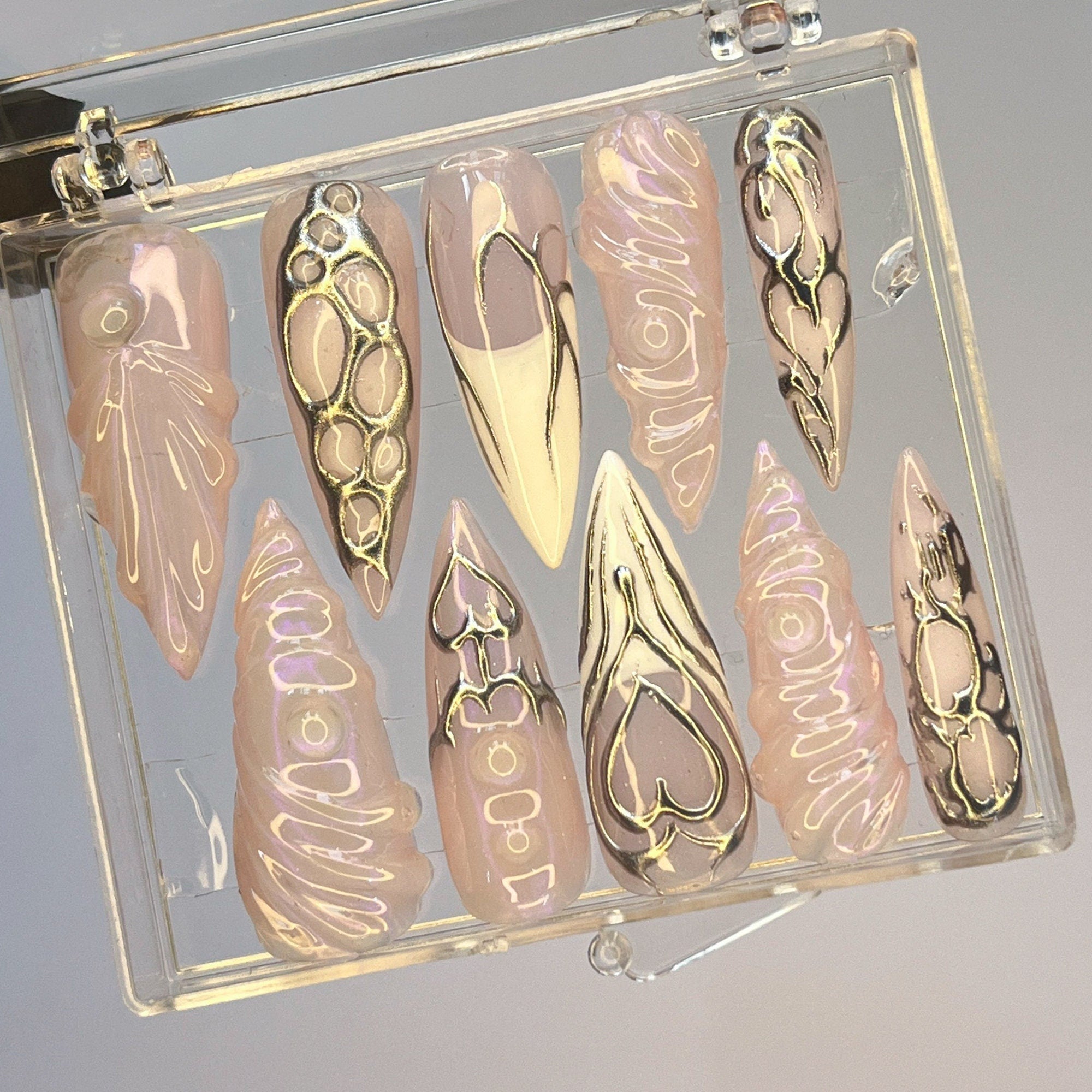 Free Style Silver 3D Gel Almond Press On Nails, Handpainted Fake/False Nails, Prom/Event/Birthday Nails, Goth/Gothic/Y2K/Aura Nail