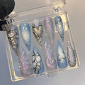 Free Style Blue Mermaid Almond Press On Nails, Handpainted Fake/False Nails, Prom/Event/Birthday Nails, Goth/Gothic/Y2K/Aura Nai