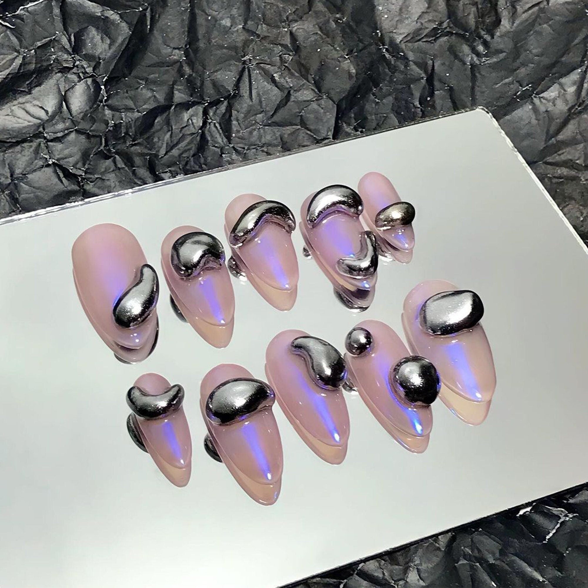 3D Silver Drops in Pink Almond Press On Nails, Custom Fake Nails, False Nails, Trendy Glue on Nails, Luxury Nail Art