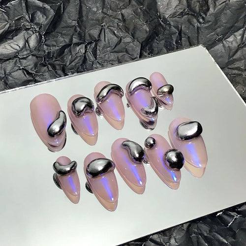 3D Silver Drops in Pink Almond Press On Nails, Custom Fake Nails, False Nails, Trendy Glue on Nails, Luxury Nail Art