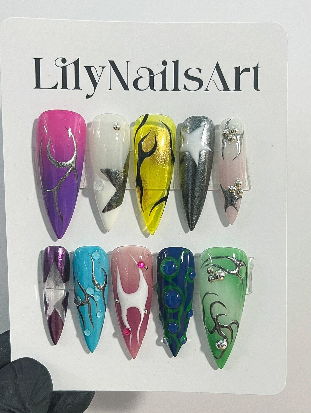 Free Style Multi Colour Metallic Silver Chrome Press On Nails Goth, Handpainted Gothic Short Stiletto Nails, Y2K Emo Fake Nails