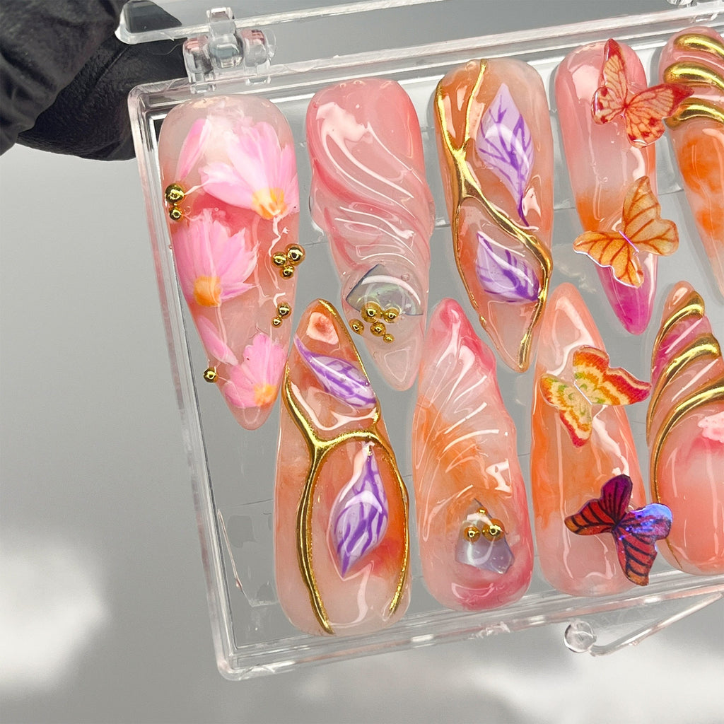 Fairy Tale Butterfly Long Almond Press On Nails, 3D Fairycore Nails, Dreamy Nails for Birthday, Holiday, Event, Party