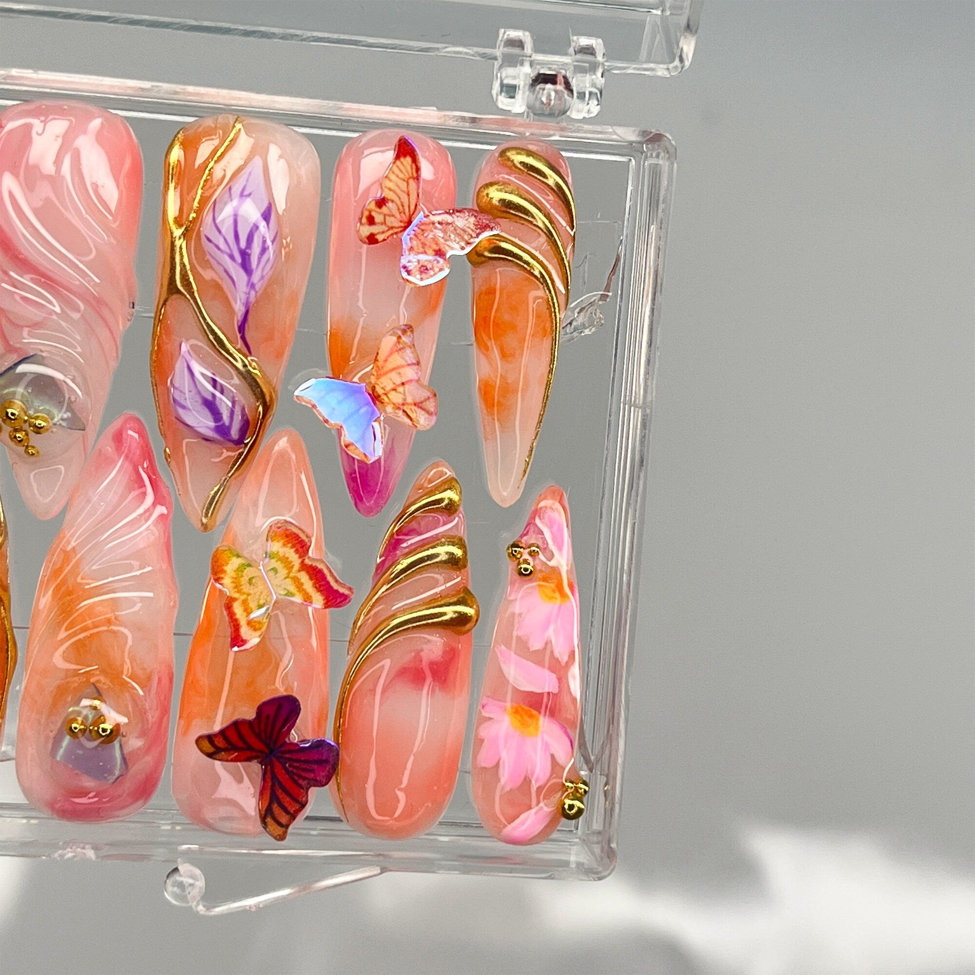 Fairy Tale Butterfly Long Almond Press On Nails, 3D Fairycore Nails, Dreamy Nails for Birthday, Holiday, Event, Party