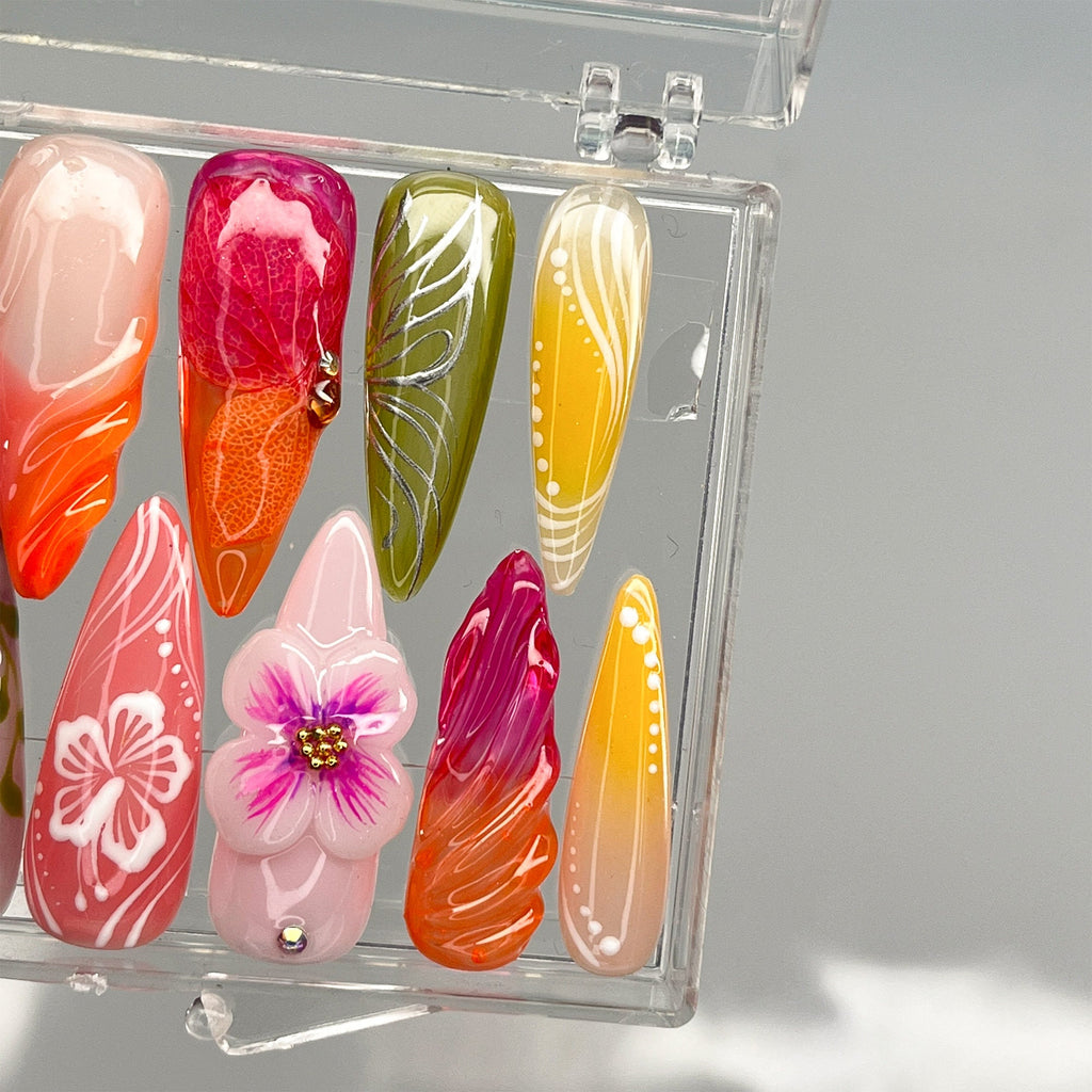 Fairy Tale Flower Long Almond Press On Nails, 3D Fairycore Nails, Dreamy Nails