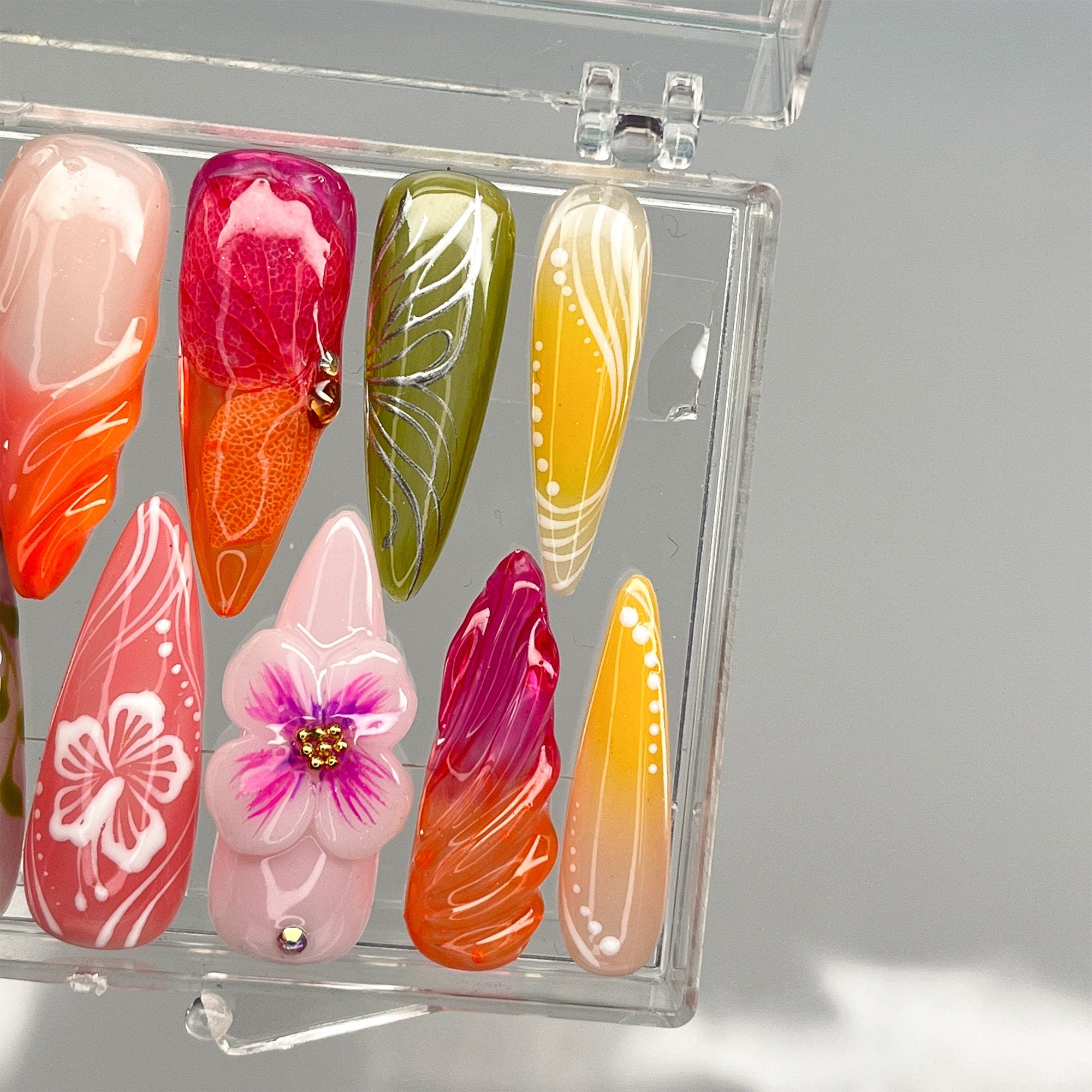 Fairy Tale Flower Long Almond Press On Nails, 3D Fairycore Nails, Dreamy Nails