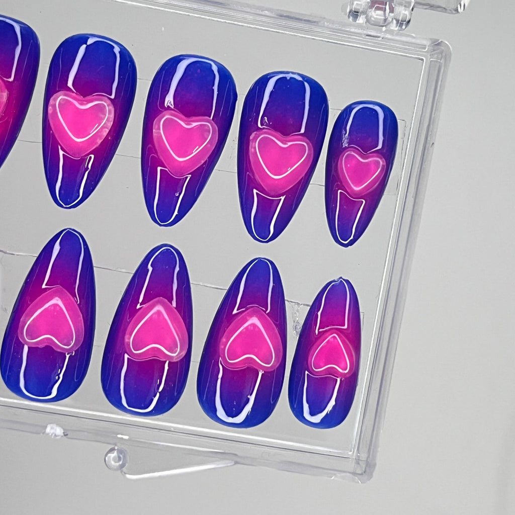 Pink Ombre Blue With 3D Heart Clear Gel Long Oval Press on Nail Goth, Custom Luxury Handpained Acrylic Gothic Fake Nails, Emo Y2K