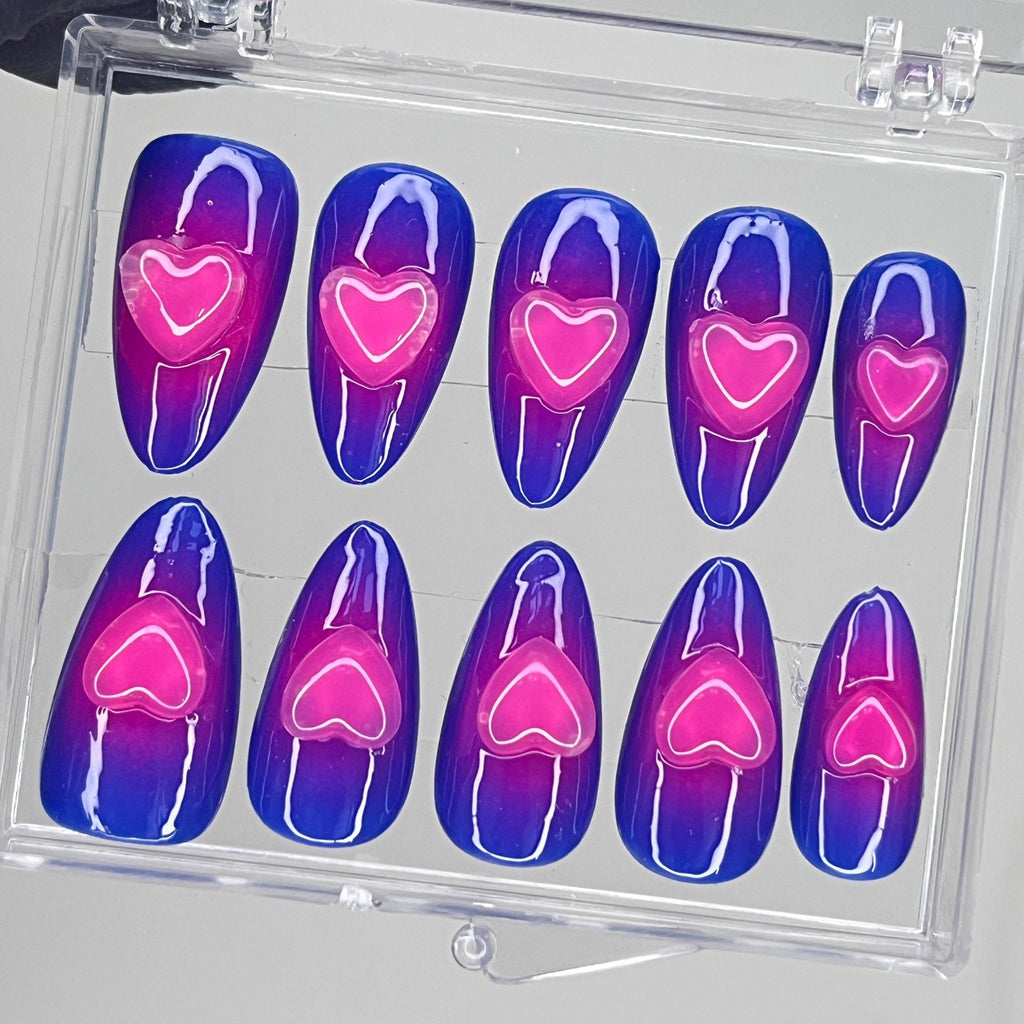 Pink Ombre Blue With 3D Heart Clear Gel Long Oval Press on Nail Goth, Custom Luxury Handpained Acrylic Gothic Fake Nails, Emo Y2K