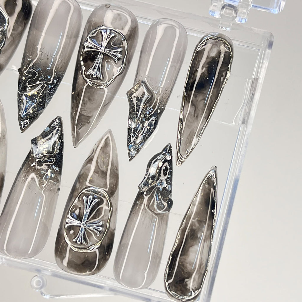 3D Metallic Chrome Silver Cross on Clear Black Luxury Stiletto Press On Nails, Custom Handpainted Gothic Fake Nails, Y2K Nails
