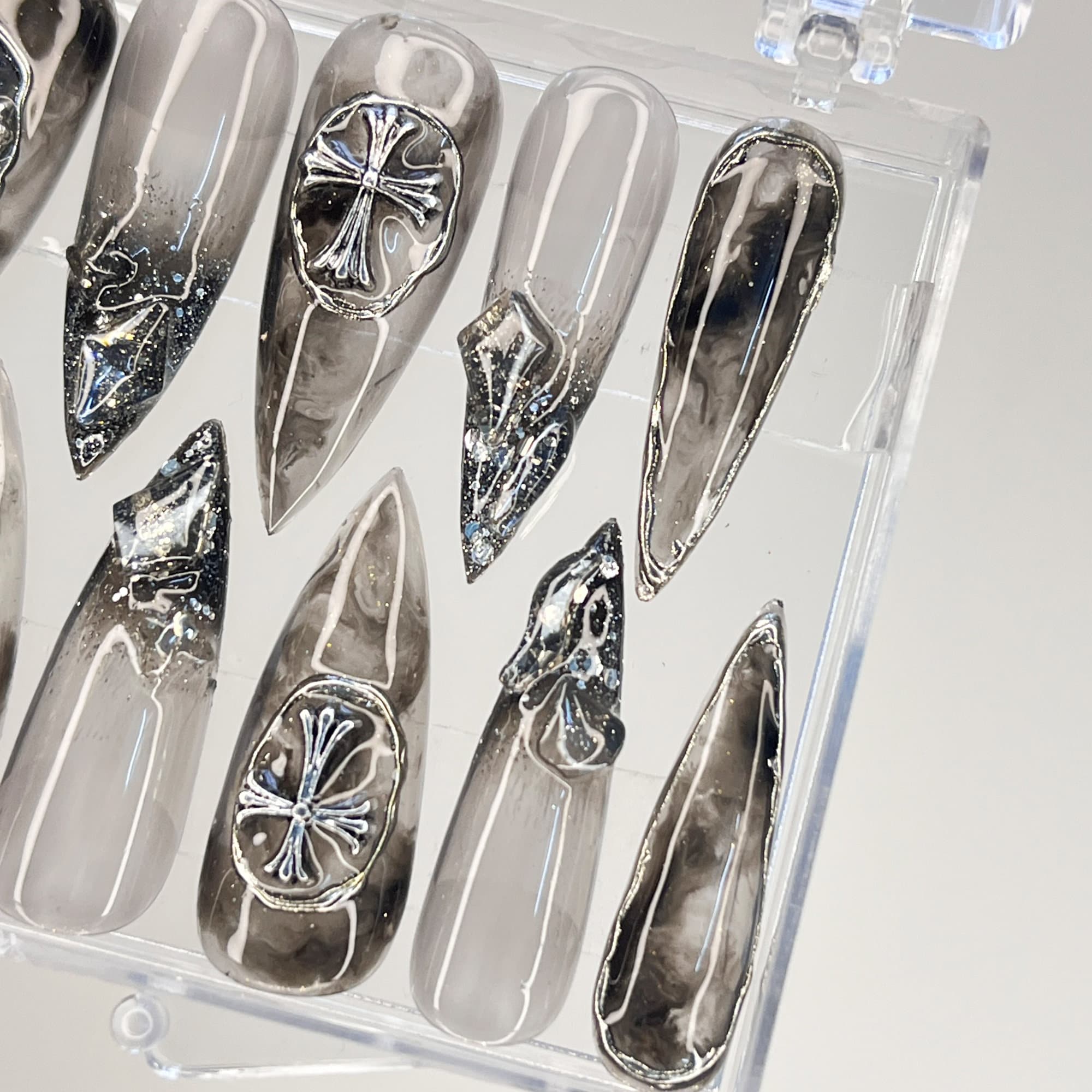 3D Metallic Chrome Silver Cross on Clear Black Luxury Stiletto Press On Nails, Custom Handpainted Gothic Fake Nails, Y2K Nails